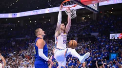 Isaiah Hartenstein #55 of the Oklahoma City Thunder finishes a slam dunk during the first half of game five of the Western Conference semifinals against the Denver Nuggets at Paycom Center on May 13, 2025 in Oklahoma City, Oklahoma.