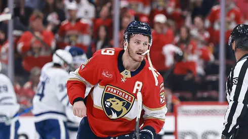 Matthew Tkachuk #19 of the Florida Panthers and Sam Reinhart #13 of the Florida Panthers reacts to a 2-0 loss against the Toronto Maple Leafs in Game Six of the Second Round of the 2025 Stanley Cup Playoffs at Amerant Bank Arena on May 16, 2025 in Sunrise, Florida.