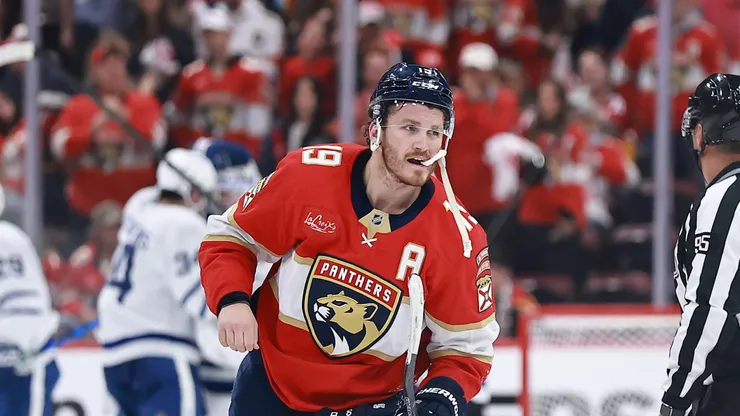 Matthew Tkachuk #19 of the Florida Panthers and Sam Reinhart #13 of the Florida Panthers reacts to a 2-0 loss against the Toronto Maple Leafs in Game Six of the Second Round of the 2025 Stanley Cup Playoffs at Amerant Bank Arena on May 16, 2025 in Sunrise, Florida.