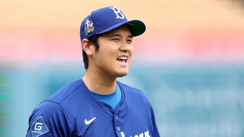 Shohei Ohtani #17 of the Los Angeles Dodgers reacts before the game against the Los Angeles Angels at Dodger Stadium on May 17, 2025 in Los Angeles, California.