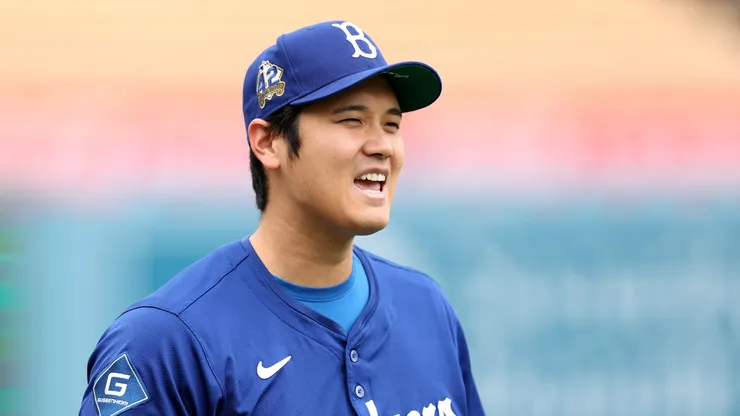 Shohei Ohtani #17 of the Los Angeles Dodgers reacts before the game against the Los Angeles Angels at Dodger Stadium on May 17, 2025 in Los Angeles, California.