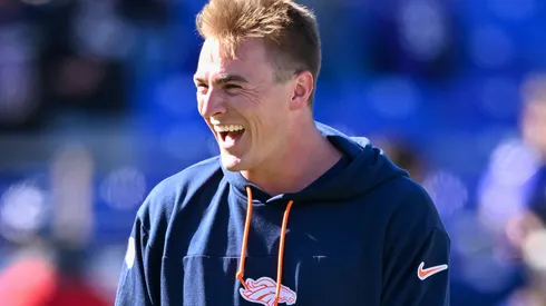 Bo Nix #10 of the Denver Broncos looks on prior to a game against the Baltimore Ravens at M&T Bank Stadium on November 03, 2024 in Baltimore, Maryland.