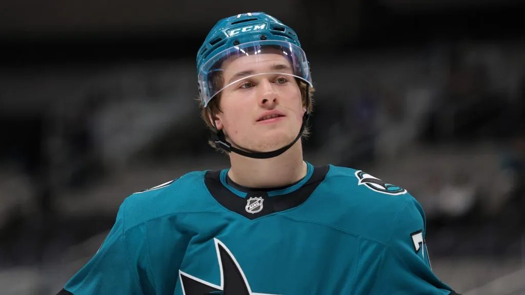Macklin Celebrini #71 of the San Jose Sharks warms up before their game against the Nashville Predators at SAP Center on March 11, 2025 in San Jose, California.