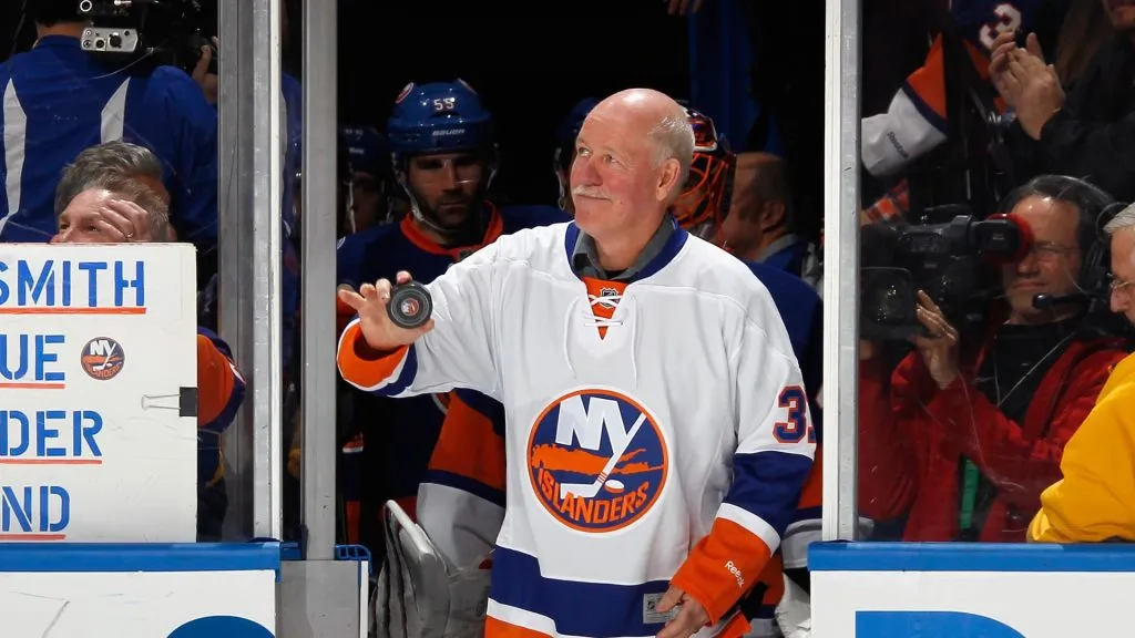 Former New York Islander Billy Smith is honored prior to the New York Islanders game against the Pittsburgh Penguins at the Nassau Veterans Memorial Coliseum on November 22, 2014 in Uniondale, New York.