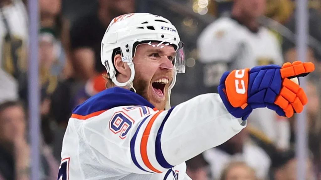 Connor McDavid #97 of the Edmonton Oilers celebrates after the team defeated the Vegas Golden Knights 1-0 in overtime in Game Five of the Second Round of the 2025 Stanley Cup Playoffs at T-Mobile Arena on May 14, 2025 in Las Vegas, Nevada. The Oilers won the series four games to one.