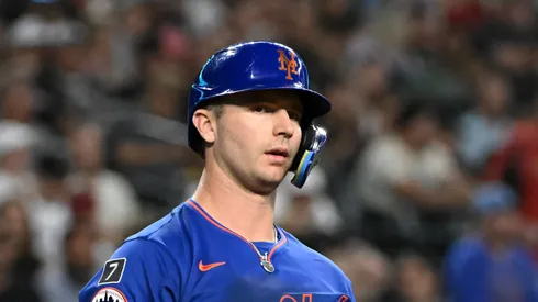 Pete Alonso #20 of the New York Mets reacts after being called out on strikes.