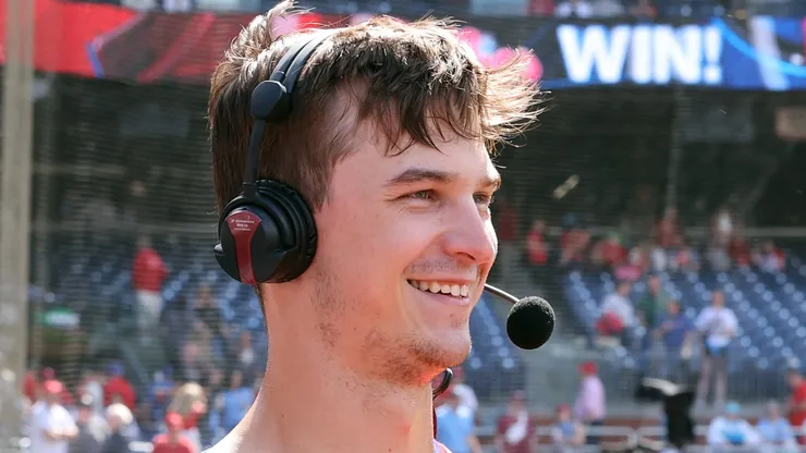 Mick Abel #40 of the Philadelphia Phillies, after winning his major league debut, is interviewed after the game against the Pittsburgh Pirates at Citizens Bank Park on May 18, 2025 in Philadelphia, Pennsylvania. The Phillies won 1-0.
