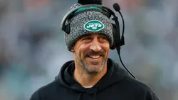 Aaron Rodgers #8 of the New York Jets looks on from the sideline prior to the game against the Miami Dolphins at MetLife Stadium on November 24, 2023 in East Rutherford, New Jersey.