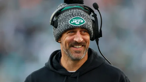 Aaron Rodgers #8 of the New York Jets looks on from the sideline prior to the game against the Miami Dolphins at MetLife Stadium on November 24, 2023 in East Rutherford, New Jersey.