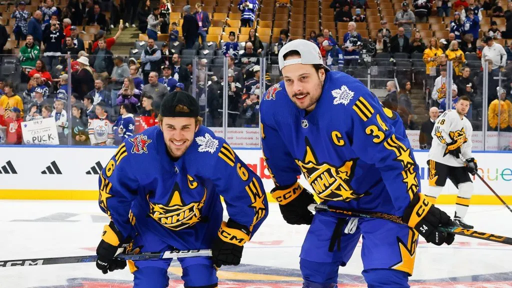 Singer Justin Bieber of team Matthews and Auston Matthews #34 of the Toronto Maple Leafs pose for a photo in warm ups prior to the 2024 Honda NHL All-Star Game on February 03, 2024 in Toronto, Ontario.
