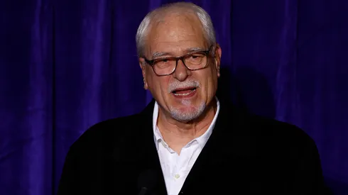 Phil Jackson speaks during a unveiling ceremony for the Kobe Bryant Statue at Crypto.com Arena on February 08, 2024 in Los Angeles, California.