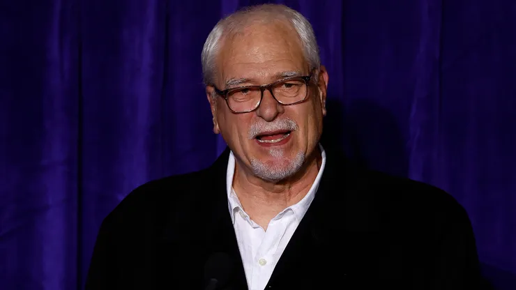 Phil Jackson speaks during a unveiling ceremony for the Kobe Bryant Statue at Crypto.com Arena on February 08, 2024 in Los Angeles, California.