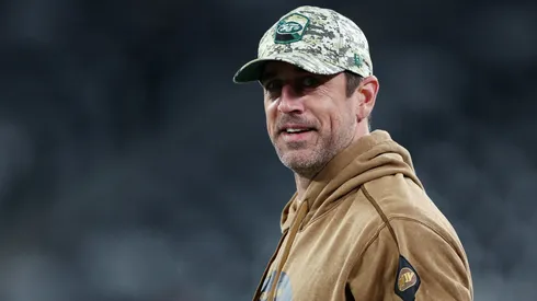 Aaron Rodgers #8 of the New York Jets looks on before the game against the Los Angeles Chargers at MetLife Stadium on November 06, 2023 in East Rutherford, New Jersey.