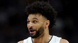 Jamal Murray #27 of the Denver Nuggets reacts as Jalen Williams #8 of the Oklahoma City Thunder looks on during the third quarter in Game Six of the Western Conference Second Round NBA Playoffs