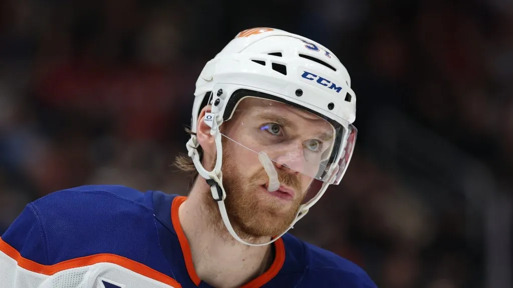 Connor McDavid #97 of the Edmonton Oilers skates against the Washington Capitals at Capital One Arena on February 23, 2025 in Washington, DC.