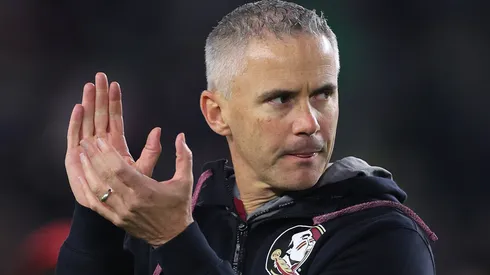 Head coach Mike Norvell of the Florida State Seminoles looks on prior to the game against the Notre Dame Fighting Irish at Notre Dame Stadium on November 09, 2024 in South Bend, Indiana.