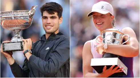 Carlos Alcaraz of Spain holds a loft the winners trophy after victory in the Men's Singles Final match in 2024 — Iga Swiatek of Poland celebrates with her winners trophy after victory in 2024.