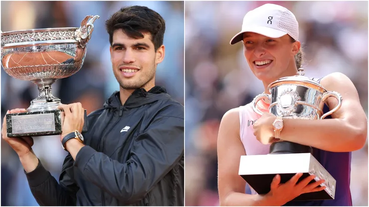 Carlos Alcaraz of Spain holds a loft the winners trophy after victory in the Men's Singles Final match in 2024 — Iga Swiatek of Poland celebrates with her winners trophy after victory in 2024.