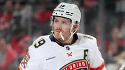 Matthew Tkachuk #19 of the Florida Panthers looks on before a face off against the New Jersey Devils during the second period at Prudential Center on January 14, 2025 in Newark, New Jersey.