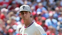 Mick Abel #40 of the Philadelphia Phillies, in his major league debut, walks to the dugout after completing the fifth inning during a game against the Pittsburgh Pirates at Citizens Bank Park on May 18, 2025 in Philadelphia, Pennsylvania. The Phillies won 1-0.