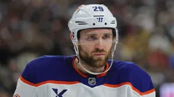 Leon Draisaitl #29 of the Edmonton Oilers looks on against the Vegas Golden Knights in the second period of Game Two of the Second Round of the 2025 Stanley Cup Playoffs at T-Mobile Arena on May 08, 2025 in Las Vegas, Nevada.