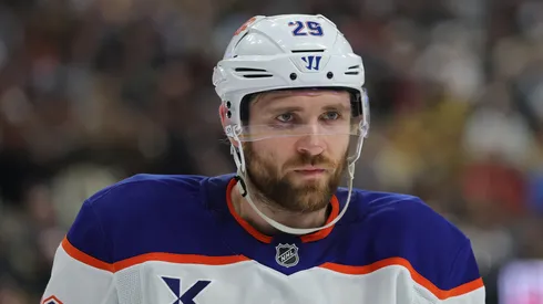 Leon Draisaitl #29 of the Edmonton Oilers looks on against the Vegas Golden Knights in the second period of Game Two of the Second Round of the 2025 Stanley Cup Playoffs at T-Mobile Arena on May 08, 2025 in Las Vegas, Nevada.