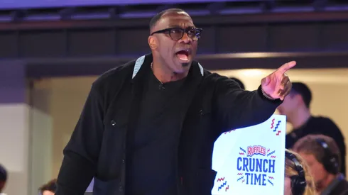 Team Shannon Coach Shannon Sharpe communicates to his team during the first half against Team Stephen A. during the Ruffles NBA All-Star Celebrity Game at Lucas Oil Stadium on February 16, 2024 in Indianapolis, Indiana.