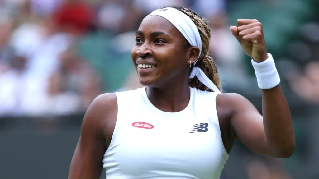 Coco Gauff of United States celebrates against Caroline Dolehide of United States during her Ladies’ Singles first round match on day one of The Championships Wimbledon 2024. (Source: Clive Brunskill/Getty Images)