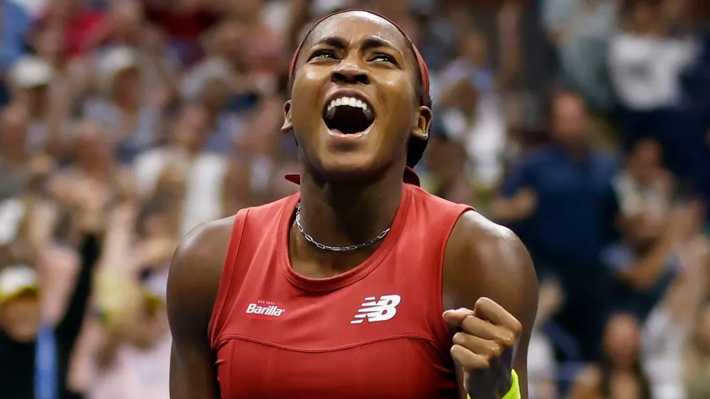 Coco Gauff of the United States reacts after returning a shot against Aryna Sabalenka of Belarus in their Women’s Singles Final match on Day Thirteen of the 2023 US Open. (Source: Sarah Stier/Getty Images)