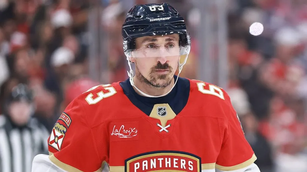 Brad Marchand #63 of the Florida Panthers looks on against the Toronto Maple Leafs during the first period in Game Six of the Second Round of the 2025 Stanley Cup Playoffs. (Source: Carmen Mandato/Getty Images)