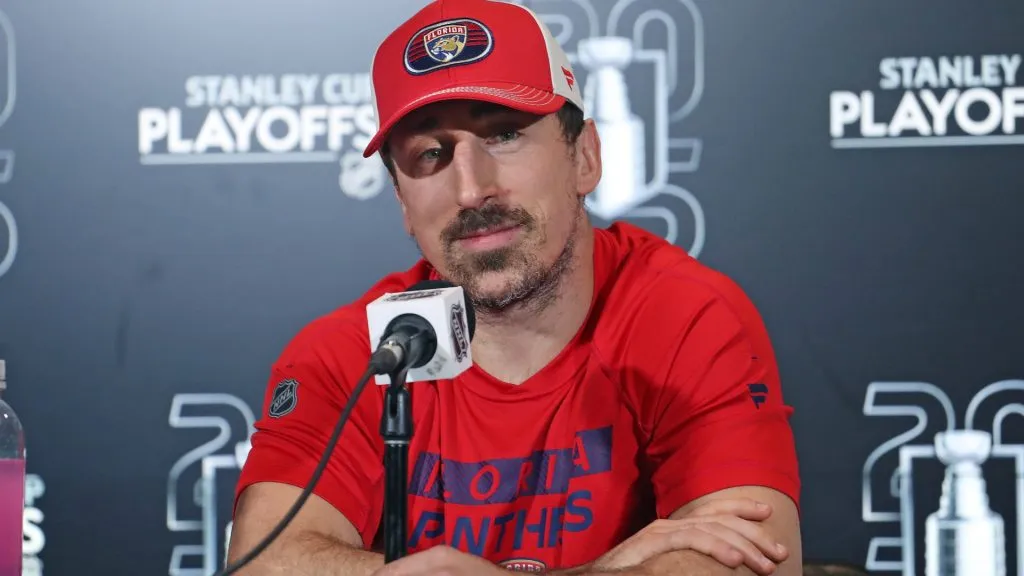 Brad Marchand #63 of the Florida Panthers takes questions from the media after defeating the Toronto Maple Leafs in Game Seven of the Second Round of the 2025 Stanley Cup Playoffs. (Source: Claus Andersen/Getty Images)