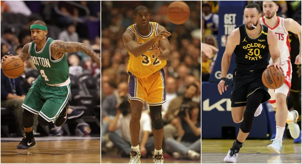 NBA historic point guarders:  Stephen Curry, Magic Johnson and Isaiah Thomas