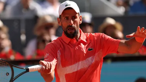 Novak Djokovic plays a forehand during the Madrid Open