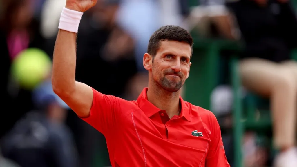 Novak Djokovic of Serbia celebrates winning match point against Roman Safiullin during the Men’s Singles Second Round match on day three of the Rolex Monte-Carlo Masters in 2024. (Source: Julian Finney/Getty Images)