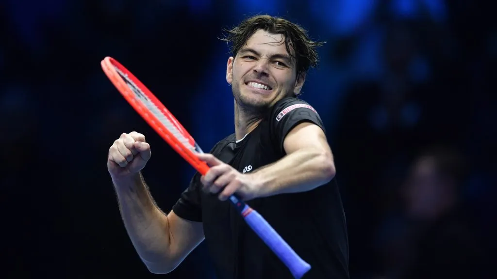 Taylor Fritz of the United States celebrates winning match point in his Round Robin singles match against Alex de Minaur of Australia on Day five of the Nitto ATP finals 2024. (Source: Valerio Pennicino/Getty Images)