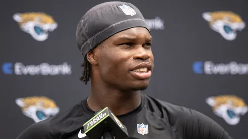 Travis Hunter #12 of the Jacksonville Jaguars speaks to the Media during Jacksonville Jaguars Rookie Minicamp at Miller Electric Center on May 10, 2025 in Jacksonville, Florida.