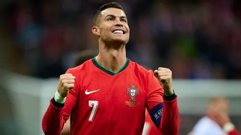 Cristiano Ronaldo reacts after scoring his team second goal during the UEFA Nations League 2024/25 League A Group A1 match between Poland and Portugal at PGE Narodowy on October 12, 2024.