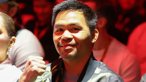 Manny Pacquiao poses for a photo ahead of the WBC World Featherweight title fight between Rey Vargas and Nick Ball on the Knockout Chaos boxing card at the Kingdom Arena on March 08, 2024 in Riyadh, Saudi Arabia.