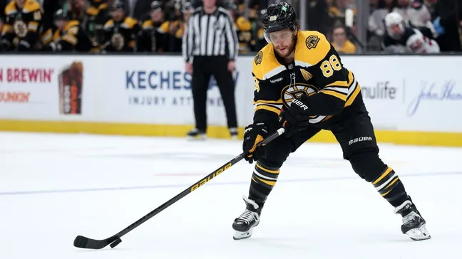 David Pastrnak #88 of the Boston Bruins skates against the New Jersey Devils during the third period at TD Garden on April 15, 2025 in Boston, Massachusetts. (Photo by Maddie Meyer/Getty Images)