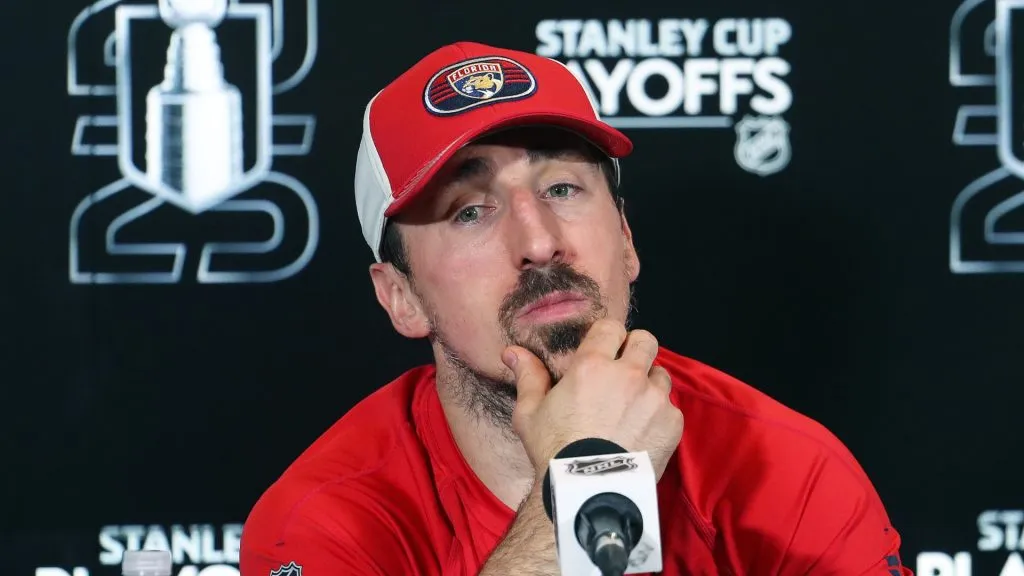 Brad Marchand #63 of the Florida Panthers takes questions from the media after defeating the Toronto Maple Leafs in Game Seven of the Second Round of the 2025 Stanley Cup Playoffs at Scotiabank Arena on May 18, 2025 in Toronto, Ontario, Canada. The Panthers defeated the Maple Leafs 6-1 and win the series 4-3.