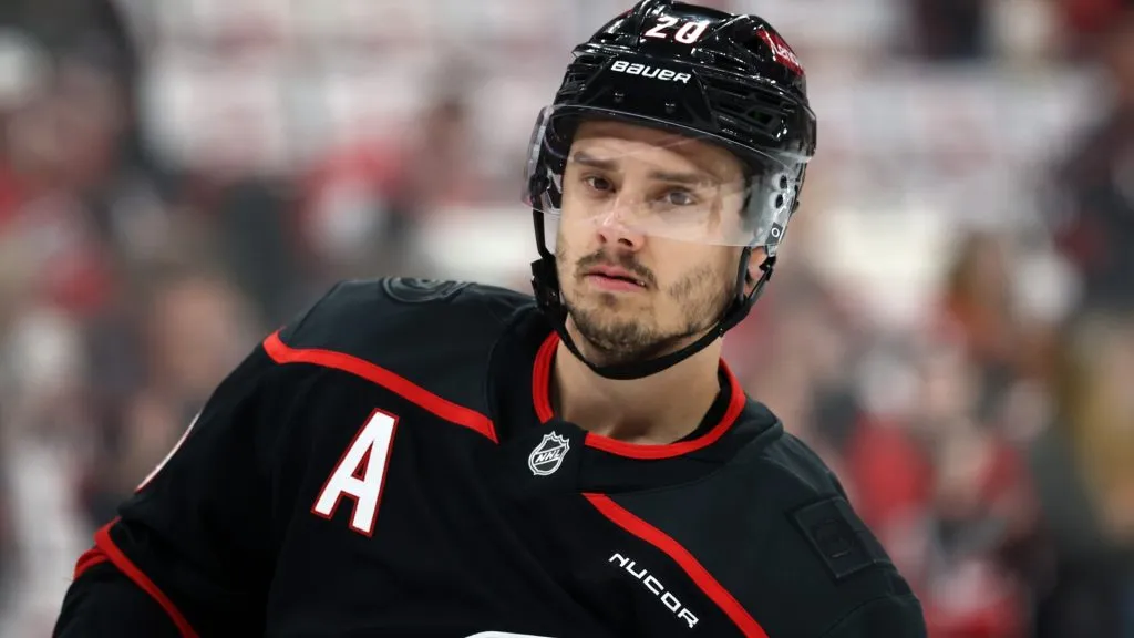 Sebastian Aho #20 of the Carolina Hurricanes warms up prior to Game Three of the Second Round of the 2025 Stanley Cup Playoffs against the Washington Capitals at Lenovo Center at Lenovo Center on May 10, 2025 in Raleigh, North Carolina.