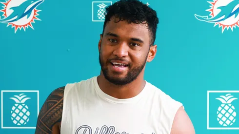 Tua Tagovailoa #1 of the Miami Dolphins speaks to the media after training camp practice at Baptist Health Training Complex on July 26, 2023 in Miami Gardens, Florida.