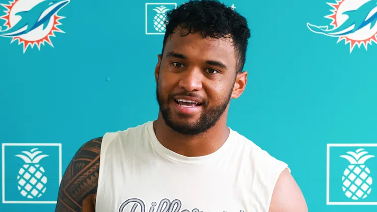 Tua Tagovailoa #1 of the Miami Dolphins speaks to the media after training camp practice at Baptist Health Training Complex on July 26, 2023 in Miami Gardens, Florida.