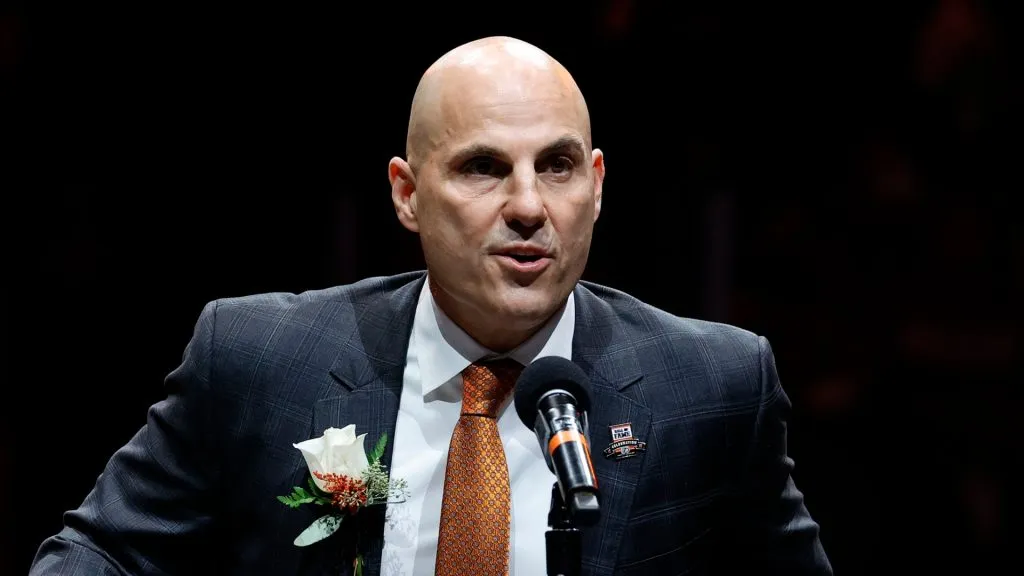 Philadelphia Flyers Hall of Fame inductee Rick Tocchet delivers an induction speech before a game between the Philadelphia Flyers and the Calgary Flames at Wells Fargo Center on November 16, 2021 in Philadelphia, Pennsylvania.