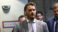 Matthew Tkachuk #19 and Aleksander Barkov #16 of the Florida Panthers arrive to play against the New York Rangers in Game One of the Eastern Conference Final of the 2024 Stanley Cup Playoffs at Madison Square Garden on May 22, 2024 in New York City.