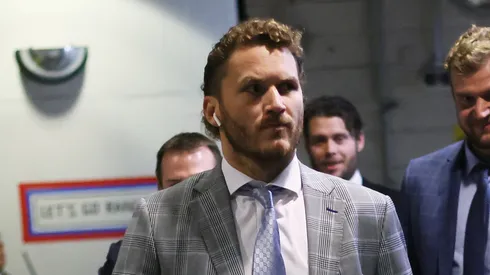 Matthew Tkachuk #19 and Aleksander Barkov #16 of the Florida Panthers arrive to play against the New York Rangers in Game One of the Eastern Conference Final of the 2024 Stanley Cup Playoffs at Madison Square Garden on May 22, 2024 in New York City.