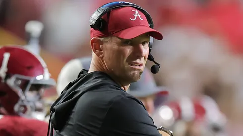 Head coach Kalen DeBoer of the Alabama Crimson Tide reacts during the first half against the LSU Tigers at Tiger Stadium on November 09, 2024 in Baton Rouge, Louisiana.