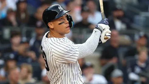 Aaron Judge #99 of the New York Yankees bats against the New York Mets during their game at Yankee Stadium on May 18, 2025 in New York City.
