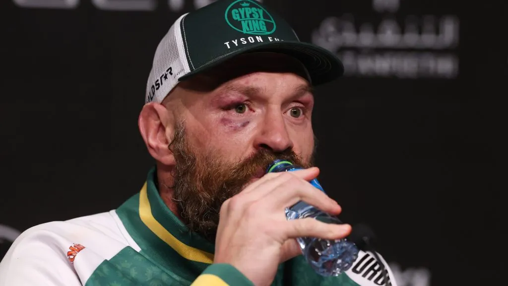 Tyson Fury speaks to the media in a post-fight after the IBF, IBO, WBA, WBC and WBO Undisputed World Heavyweight titles’ fight between Oleksandr Usyk and Tyson Fury as part of Oleksandr Usyk v Tyson Fury 2. (Photo by Richard Pelham/Getty Images)