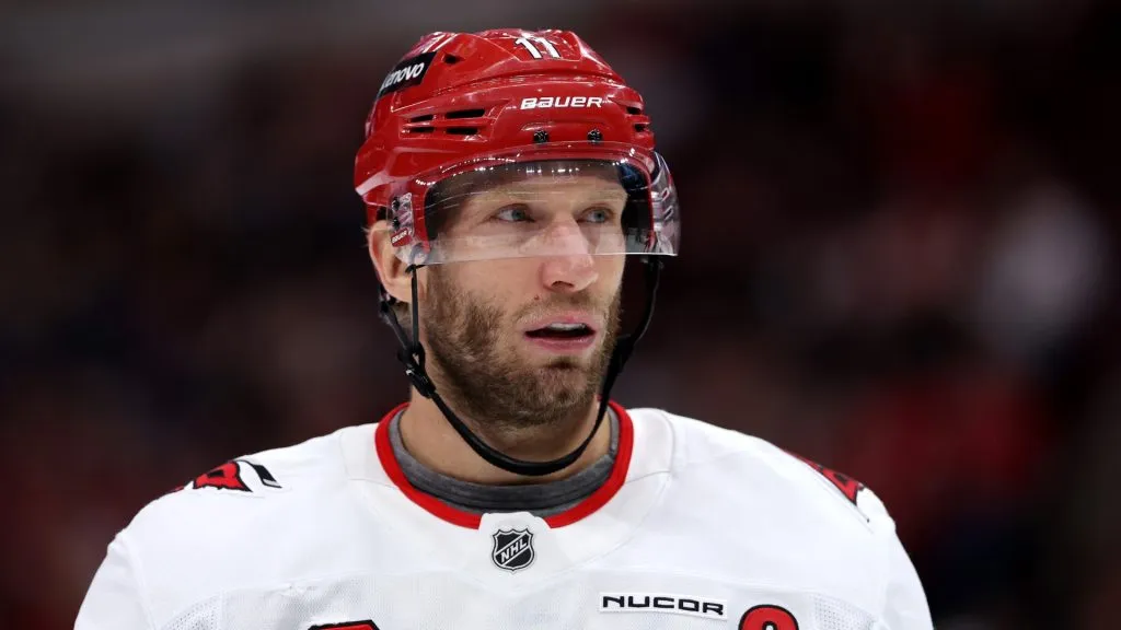 Jordan Staal #11 of the Carolina Hurricanes looks on during his 1300th game against the Chicago Blackhawks during the third period at the United Center on January 20, 2025 in Chicago, Illinois.